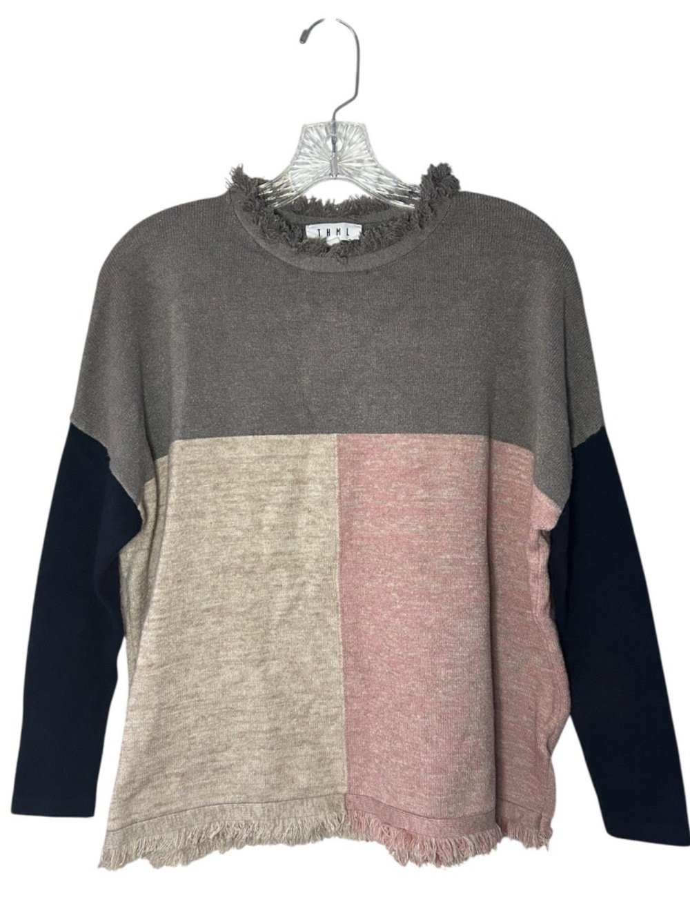 THML Anthropologie Color-block Fringe Accents Long Sleeve Sweater Sz Small NWOT